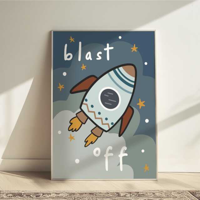 Blast Off Space Rocket Print, Boy Bedroom Decor, Colourful Kids Wall Art, Nursery, Moon Print - image 1