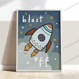 Blast Off Space Rocket Print, Boy Bedroom Decor, Colourful Kids Wall Art, Nursery, Moon Print - thumbnail 3