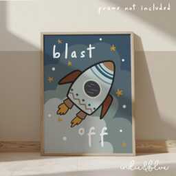 Blast Off Space Rocket Print, Boy Bedroom Decor, Colourful Kids Wall Art, Nursery, Moon Print - thumbnail 2