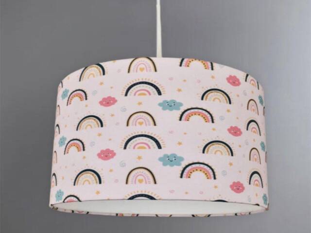 New Hq Kids Girls Room Smiling Clouds Star Rainbow Pattern Lamp Shade Pendant Light On Pink Fabric - image 1