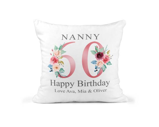 60Th Birthday Gift For Women, Personalised Cushion/Pillow Nanny With Kids Names, Floral Design, Grandma, Gran, 1961 - image 1