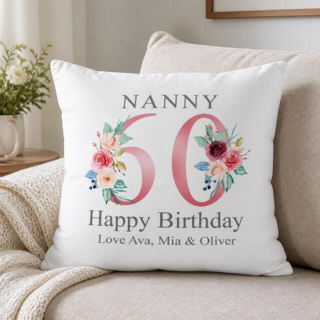 60Th Birthday Gift For Women, Personalised Cushion/Pillow Nanny With Kids Names, Floral Design, Grandma, Gran, 1961 - image 1