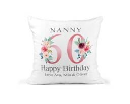 60Th Birthday Gift For Women, Personalised Cushion/Pillow Nanny With Kids Names, Floral Design, Grandma, Gran, 1961 - thumbnail 1