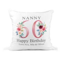 60Th Birthday Gift For Women, Personalised Cushion/Pillow Nanny With Kids Names, Floral Design, Grandma, Gran, 1961 - thumbnail 2