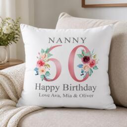 60Th Birthday Gift For Women, Personalised Cushion/Pillow Nanny With Kids Names, Floral Design, Grandma, Gran, 1961