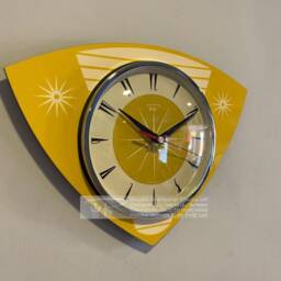 Colour Etched Trianguloid Lucite Formica Caravan Wall Clock From Royale - Midcentury Atomic Jetsons Retro Style Yellow & Cream - thumbnail 2