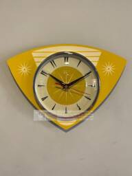 Colour Etched Trianguloid Lucite Formica Caravan Wall Clock From Royale - Midcentury Atomic Jetsons Retro Style Yellow & Cream - thumbnail 1
