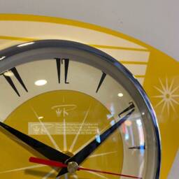 Colour Etched Trianguloid Lucite Formica Caravan Wall Clock From Royale - Midcentury Atomic Jetsons Retro Style Yellow & Cream - thumbnail 3