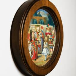Handmade Alice in Wonderland Round Framed Picture Illustration, Light Oak Wall Hanging, With The King & Queen Of Hearts - thumbnail 2