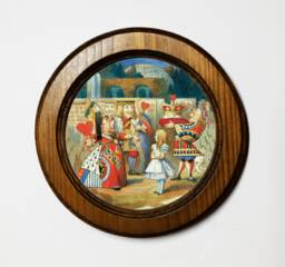 Handmade Alice in Wonderland Round Framed Picture Illustration, Light Oak Wall Hanging, With The King & Queen Of Hearts - thumbnail 1