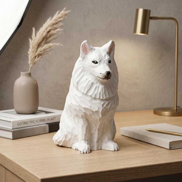 Sweet Hand Carved Wooden Samoyed Dog, Minimalist White Pet Figurine, Rustic Animal Art Sculpture, Thoughtful Dog Lover Gift Memorial - image 1