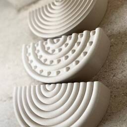 Mid Century Modern Set Of 3 Circle Wall Wood Planter Matte Oatmeal Finish - thumbnail 2
