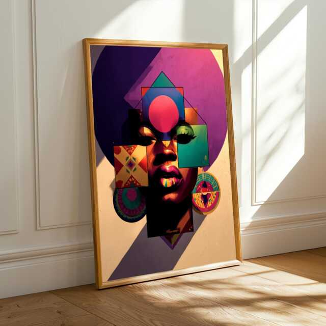 Afrocentric Geometric Woman Portrait Art Print Purple, Pink & Teal - Poster Only - image 1