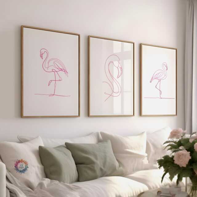 Minimalist Flamingo Print Set - 3 Line Art Designs - Flamingos Wall Beach House Decor Colourful Gifts Modern Artwork Pink - image 1