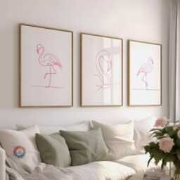 Minimalist Flamingo Print Set - 3 Line Art Designs - Flamingos Wall Beach House Decor Colourful Gifts Modern Artwork Pink - thumbnail 1