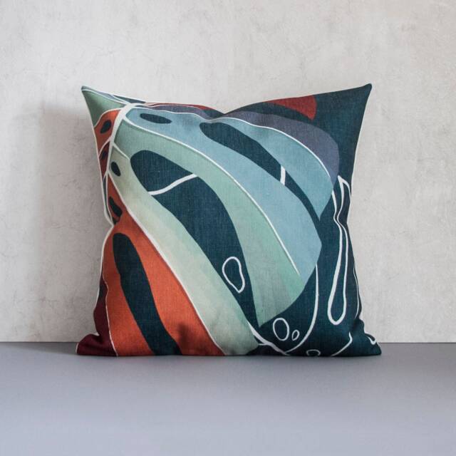 Monstera Leaf Pillow Cover Abstract Tropical Linen Cushion - 45x45cm - image 1