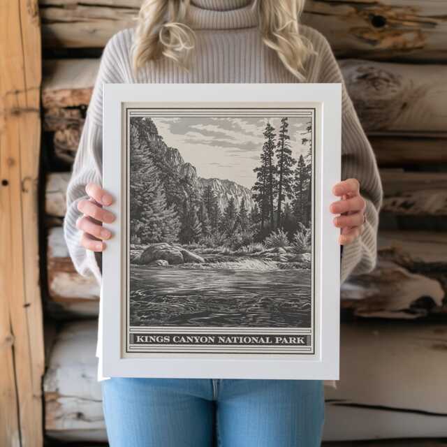 Kings Canyon National Park Lithograph Style Print - Vintage California Archival Matte Fine Art Print. Sierra Nevada Mountains. Travel Gift - image 1