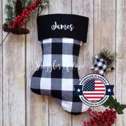 Monogrammed Black Plaid Christmas Stocking Handmade Farmhouse Decor - thumbnail 1