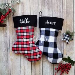 Monogrammed Black Plaid Christmas Stocking Handmade Farmhouse Decor - thumbnail 2