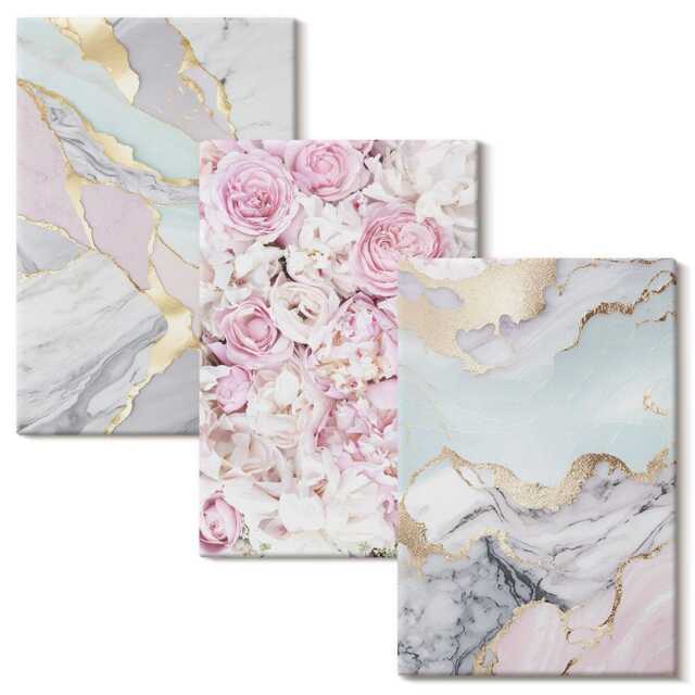 Canvas Wall Art Set Of 3 - Pink Flowers With Marble & Pastel Patterns, Large, Plants Decor - image 1
