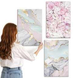 Canvas Wall Art Set Of 3 - Pink Flowers With Marble & Pastel Patterns, Large, Plants Decor - thumbnail 2