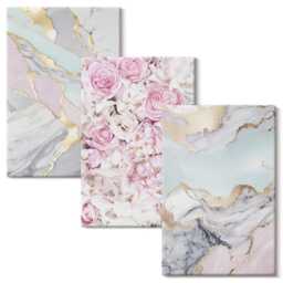 Canvas Wall Art Set Of 3 - Pink Flowers With Marble & Pastel Patterns, Large, Plants Decor