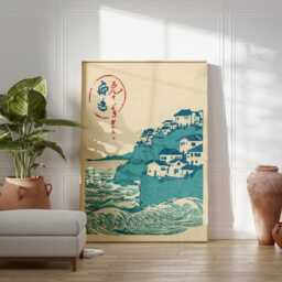 Japanese Coastal Village Poster - Blue Beige Woodblock Seascape Vintage Wall Art - thumbnail 3