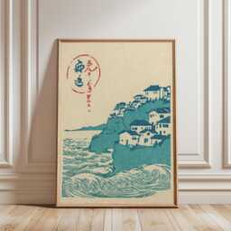 Japanese Coastal Village Poster - Blue Beige Woodblock Seascape Vintage Wall Art - thumbnail 1