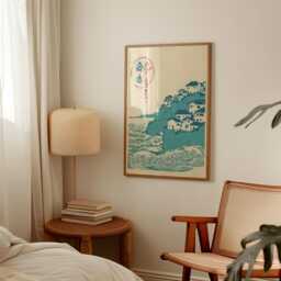 Japanese Coastal Village Poster - Blue Beige Woodblock Seascape Vintage Wall Art - thumbnail 2