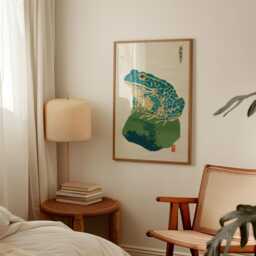 Green Frog Poster - Japanese Style Animal Illustration Teal Beige Minimal Wall Art - thumbnail 2