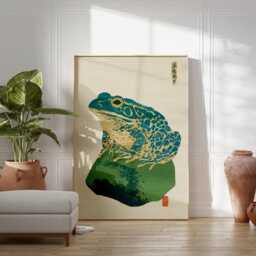 Green Frog Poster - Japanese Style Animal Illustration Teal Beige Minimal Wall Art - thumbnail 3