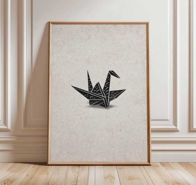 Japanese Origami Crane Wall Art Print, Minimalist Black Ink Poster, Zen Wabi Sabi Artwork, Modern Asian Inspired Home Decor - image 1