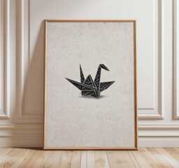 Japanese Origami Crane Wall Art Print, Minimalist Black Ink Poster, Zen Wabi Sabi Artwork, Modern Asian Inspired Home Decor - thumbnail 1