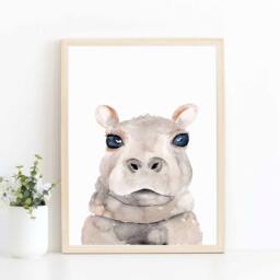 Watercolor Hippo Print Savanna Nursery Wall Art - thumbnail 3