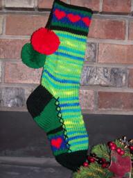Hand Knit Christmas Stocking Green Blue Yellow Red Hearts By Santa's Works