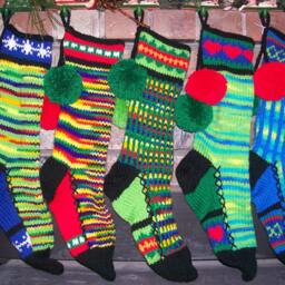 Hand Knit Christmas Stocking Green Blue Yellow Red Hearts By Santa's Works - thumbnail 4
