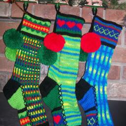 Hand Knit Christmas Stocking Green Blue Yellow Red Hearts By Santa's Works - thumbnail 3