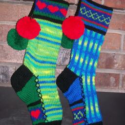 Hand Knit Christmas Stocking Green Blue Yellow Red Hearts By Santa's Works - thumbnail 2