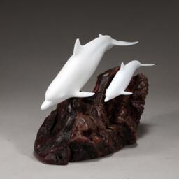 Dolphin Sculpture Figurine Decor By John Perry with Calf Burlwood Base 11In Long Statue - thumbnail 2