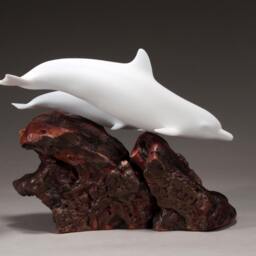 Dolphin Sculpture Figurine Decor By John Perry with Calf Burlwood Base 11In Long Statue - thumbnail 3