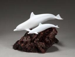 Dolphin Sculpture Figurine Decor By John Perry with Calf Burlwood Base 11In Long Statue - thumbnail 1
