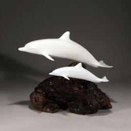 Dolphin Sculpture Figurine Decor By John Perry with Calf Burlwood Base 11In Long Statue - thumbnail 4