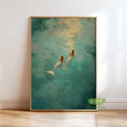 Mermaid Wall Art, Underwater Ocean Painting, Dreamy Fantasy Sea Print, Coastal Blue Water Decor, Nautical Bathroom Art - thumbnail 1