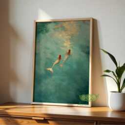 Mermaid Wall Art, Underwater Ocean Painting, Dreamy Fantasy Sea Print, Coastal Blue Water Decor, Nautical Bathroom Art - thumbnail 3