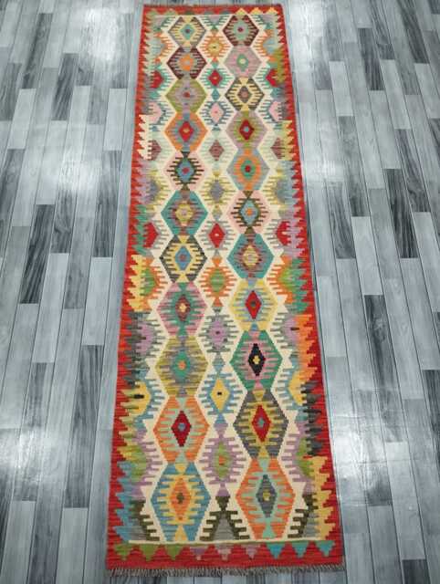 Multicolour Runner Rug, Handmade Artisan Afghan Turkish, Scandinavian, Navajo, Bohemian, Flatweave, Natural Wool Kilim Rug 303x86 cm - image 1