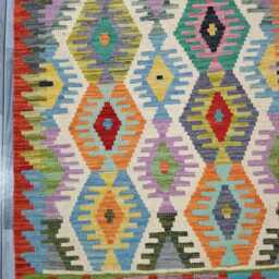 Multicolour Runner Rug, Handmade Artisan Afghan Turkish, Scandinavian, Navajo, Bohemian, Flatweave, Natural Wool Kilim Rug 303x86 cm - thumbnail 2