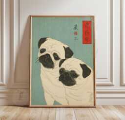 Beige & Black Pug - Japanese Woodblock Style Animal Illustration Teal Blue Wall - thumbnail 1
