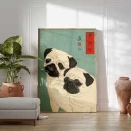 Beige & Black Pug - Japanese Woodblock Style Animal Illustration Teal Blue Wall - thumbnail 3