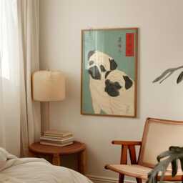 Beige & Black Pug - Japanese Woodblock Style Animal Illustration Teal Blue Wall - thumbnail 2