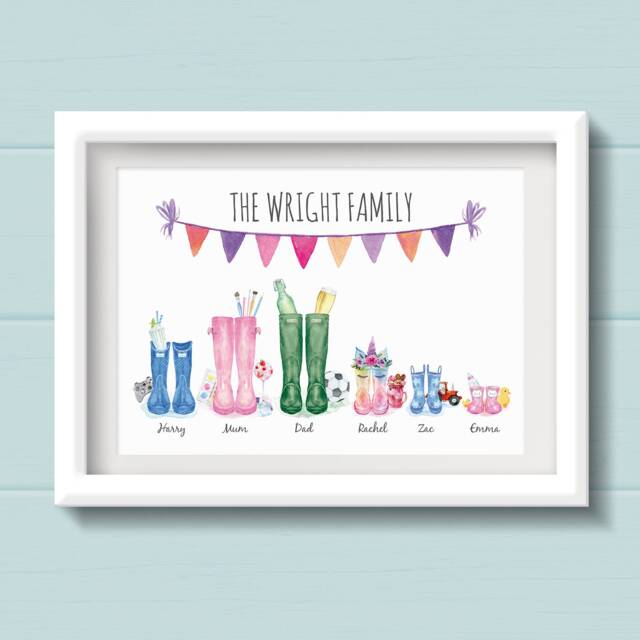 Welly Boot Personalised Family Print. Christmas Or Birthday Gift For Mum Grandma. Wellington Boots Housewarming Gift. New Home Present - image 1